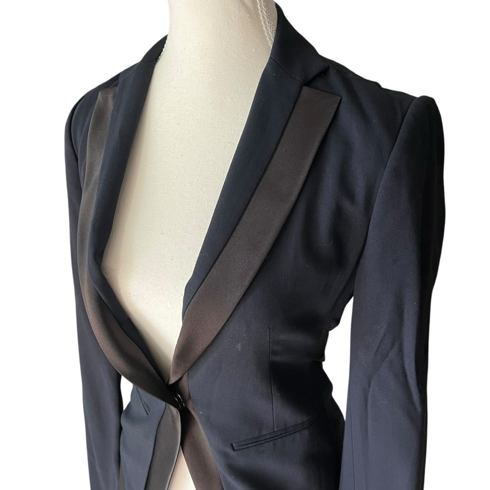 BCBGMaxAzria Navy Black Satin-Trim‎ Blazer Size XXS Business Casual Office - Picture 2 of 6